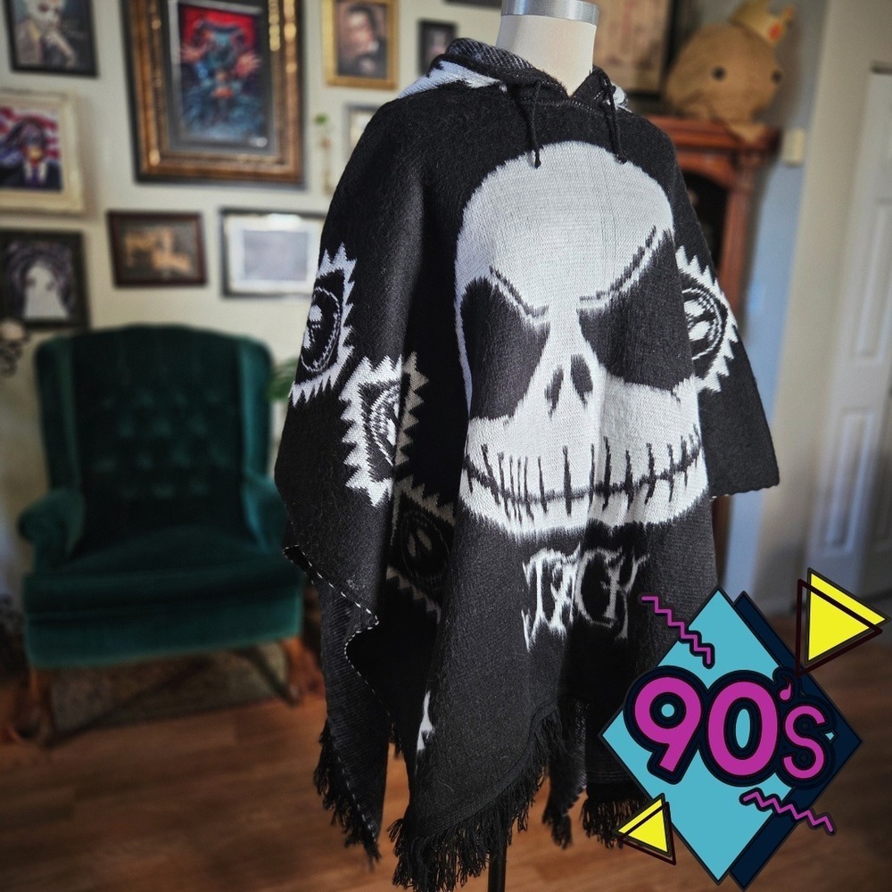Vintage 90s Tejidos Ruminahui Jack Skellington‎ Alpaca Wool Knit Hooded Poncho